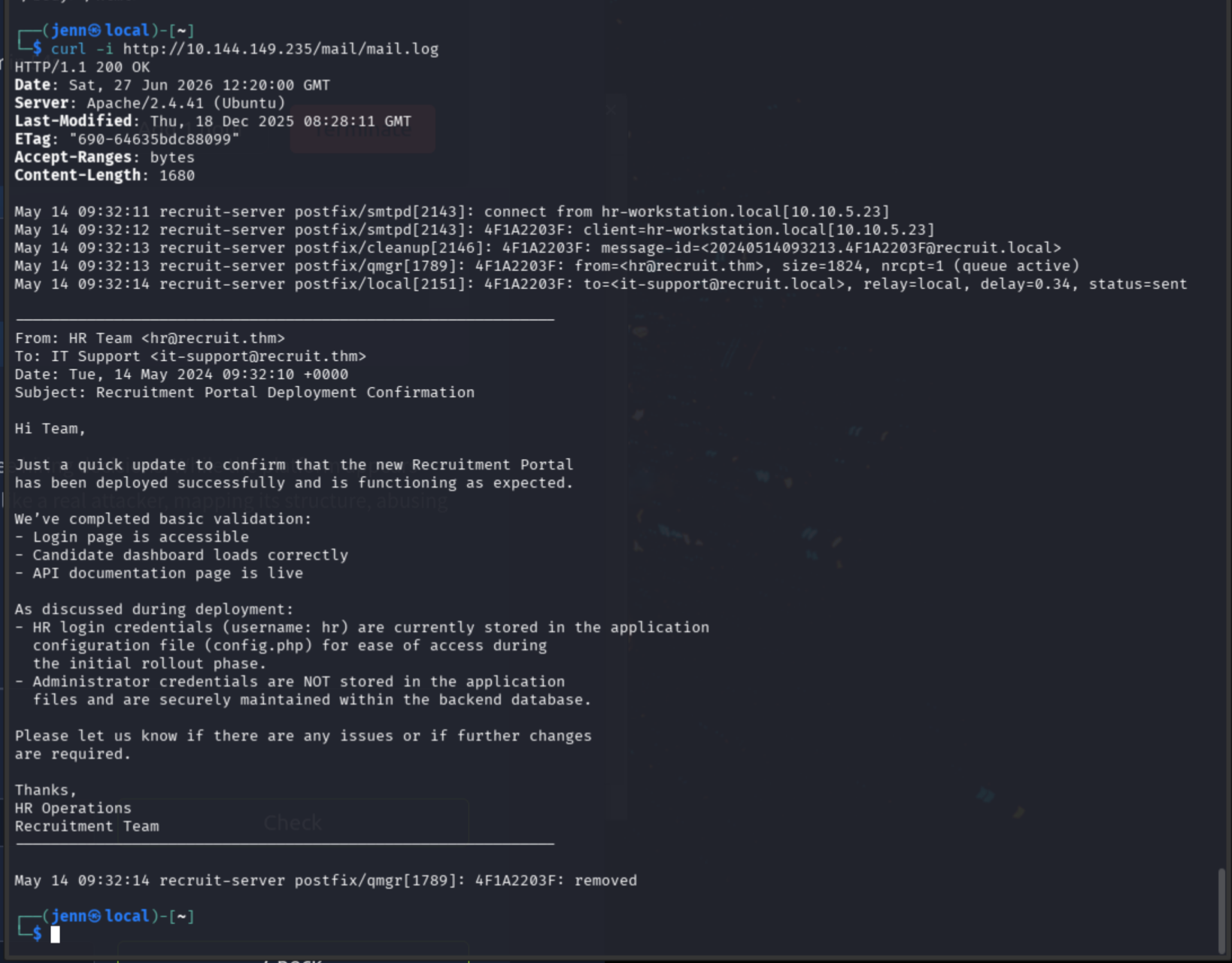 mail.log contents | HR username and credential location revealed
